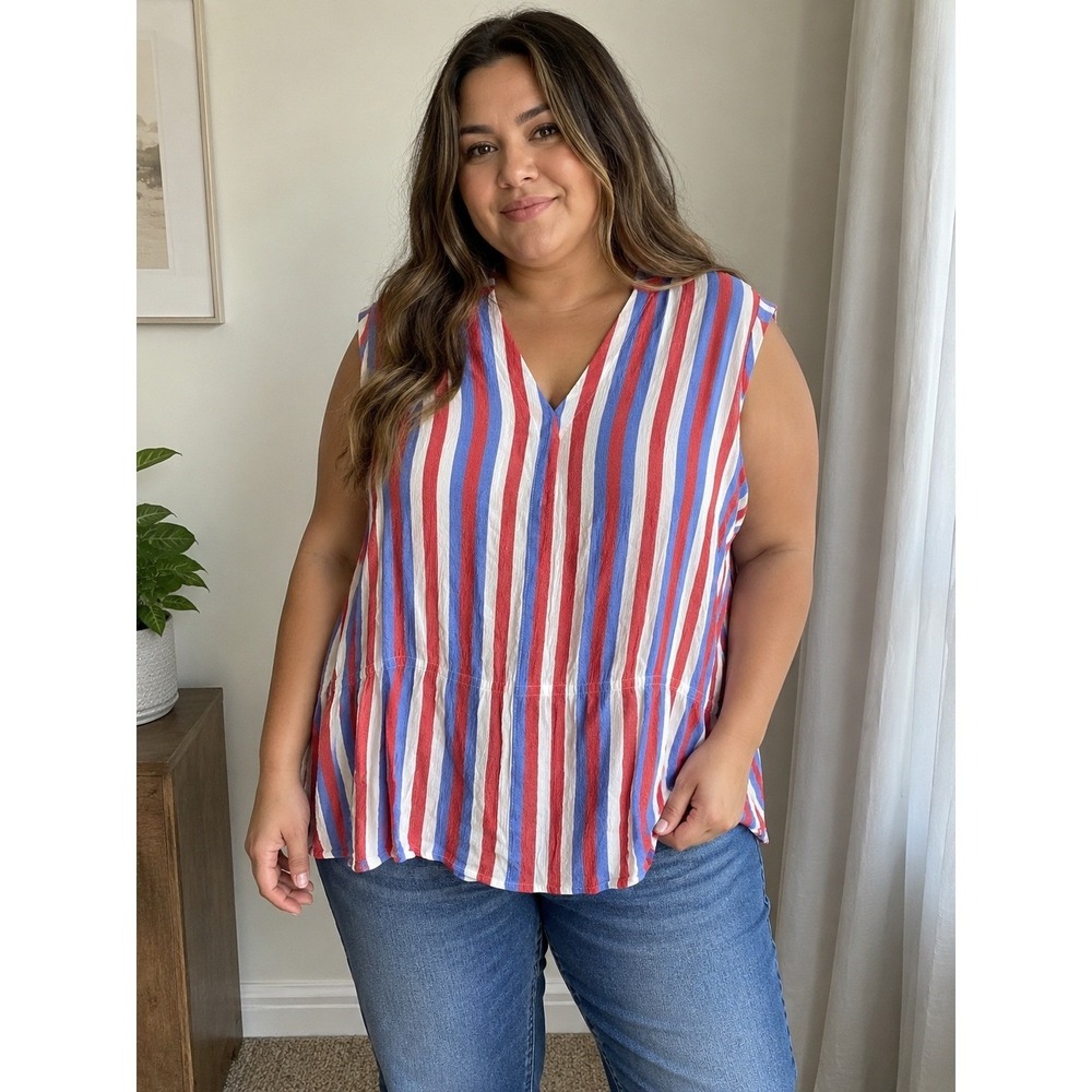 Liz Claiborne Womens XXL Red White Blue Striped V-Neck Sleeveless Peplum Blouse
